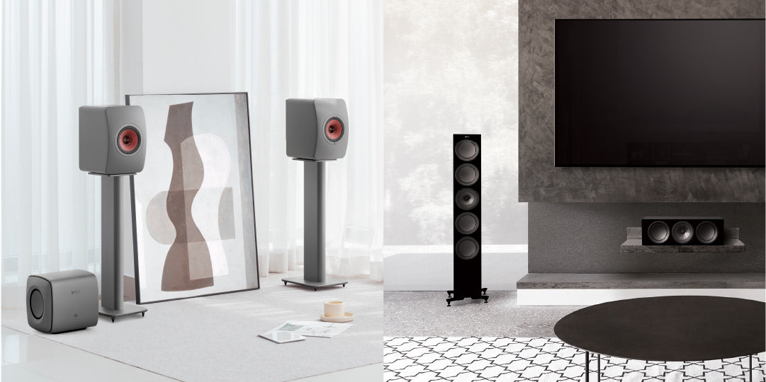 Two images side by side, left hand side is the LS50 Wireless II Grey next to a KC62 Subwoofer and the right hand side is the R7 Meta passive speaker with a center channel