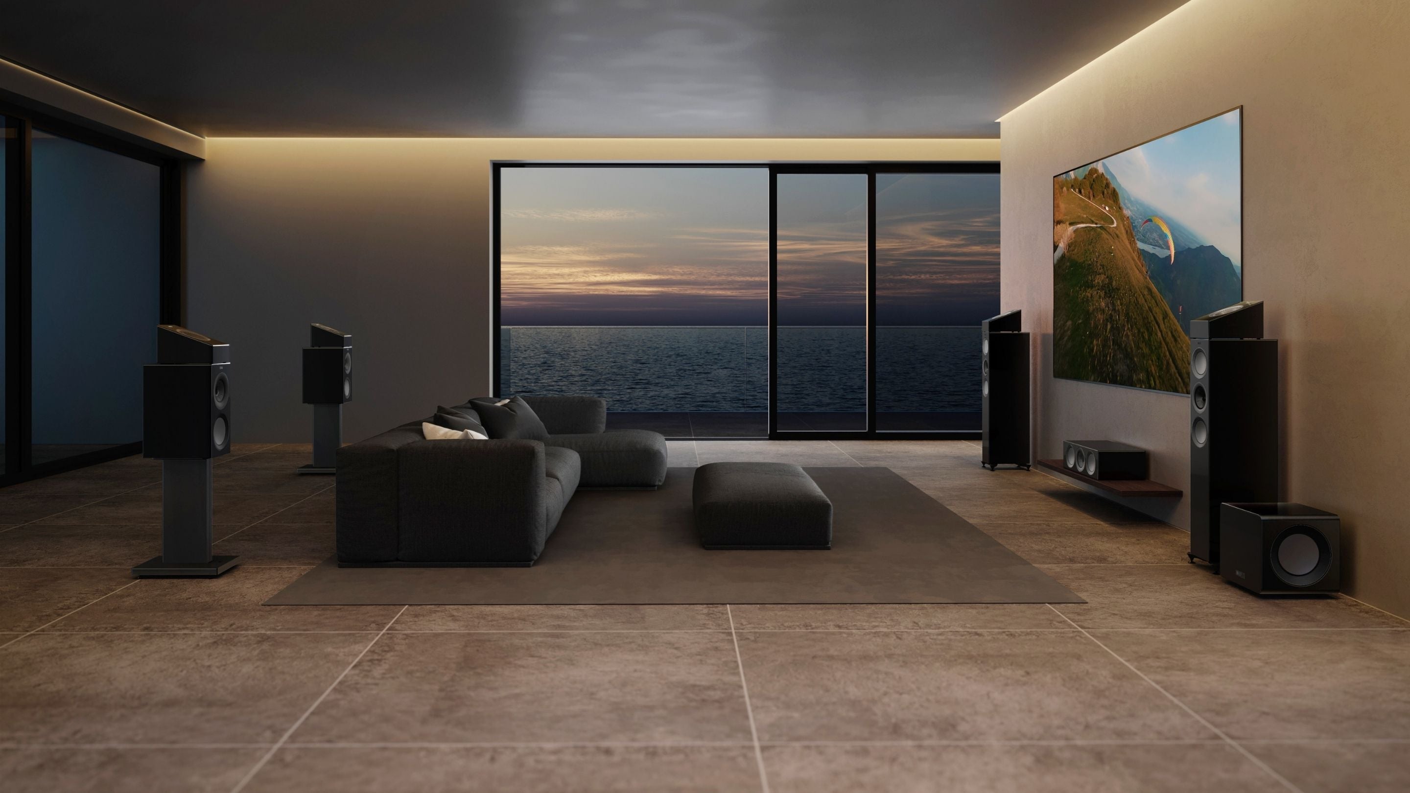 KEF soundbar positioned beneath a wall-mounted TV in a modern living room for an immersive home cinema experience