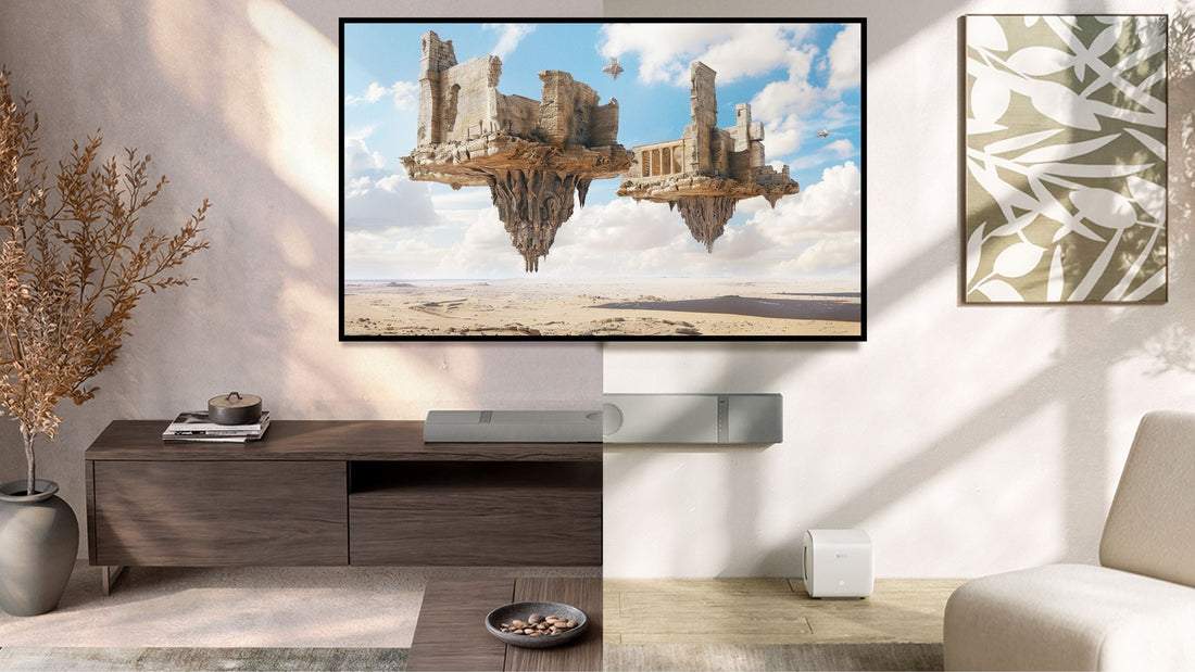 A cozy living room featuring a sofa, coffee table, TV, KEF XIO soundbar and a decorative painting on the wall.