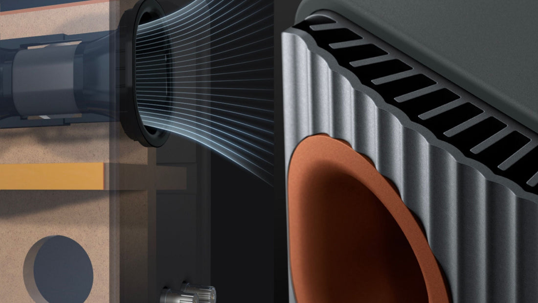 Close-up of a mechanical component with a focus on details of LS50 Meta speaker