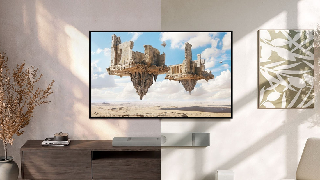 Split image of modern living room with TV and XIO soundbar on tv bench and hanging.