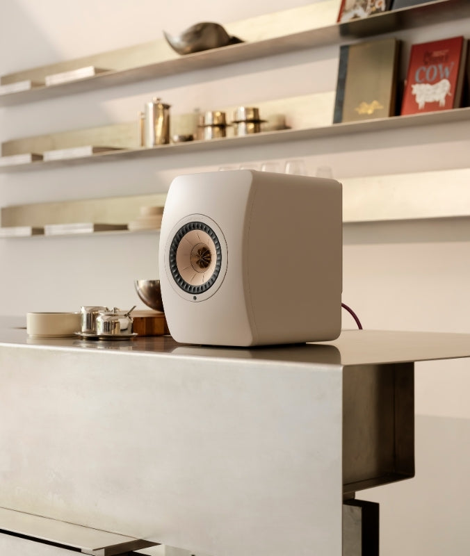 Close-up of LS50 speaker in kitchen.