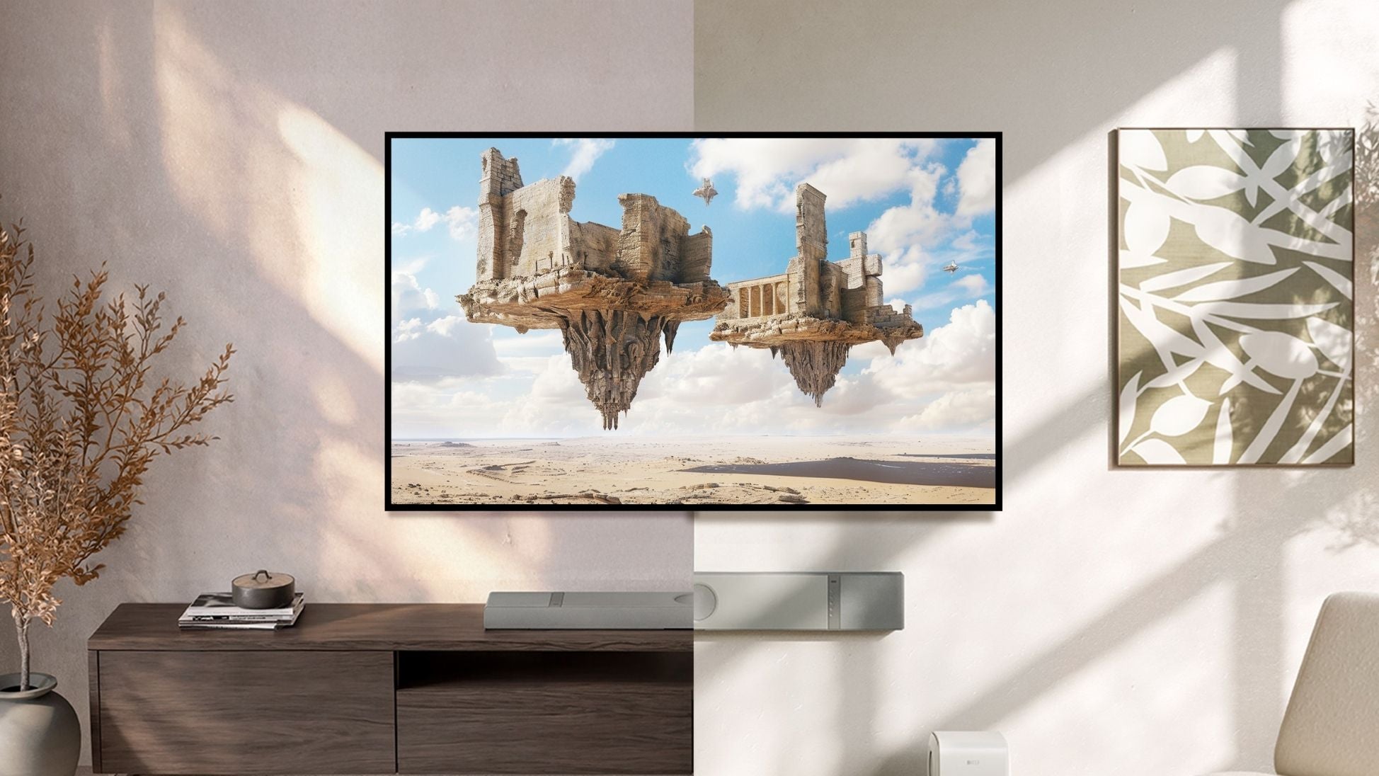 Split image of modern living room with TV and XIO soundbar on tv bench and hanging.
